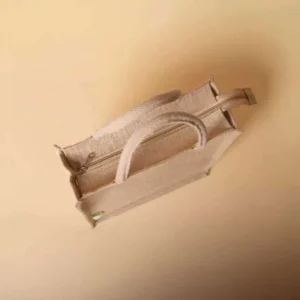 Gemini said Top-down view of a tan jute shopping bag featuring a secure zipper closure and two matching woven handles.