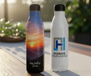 Custom bottles with photo prints, names, and logos, making them unique personalised gifts for her, him, or employees.