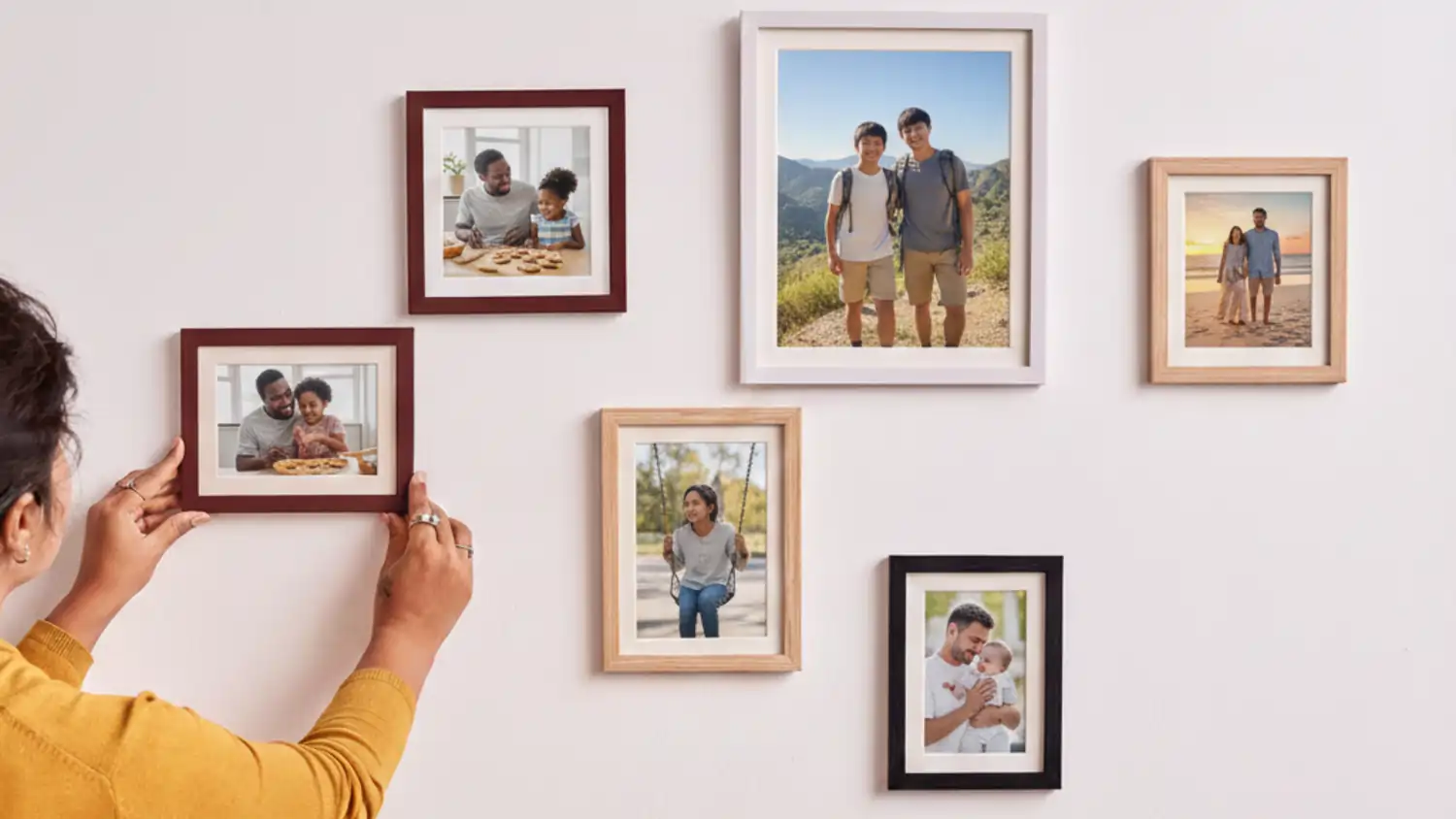 A person hangs a Luxury Photo Frames on a white gallery wall featuring various family portraits in mismatched frames.