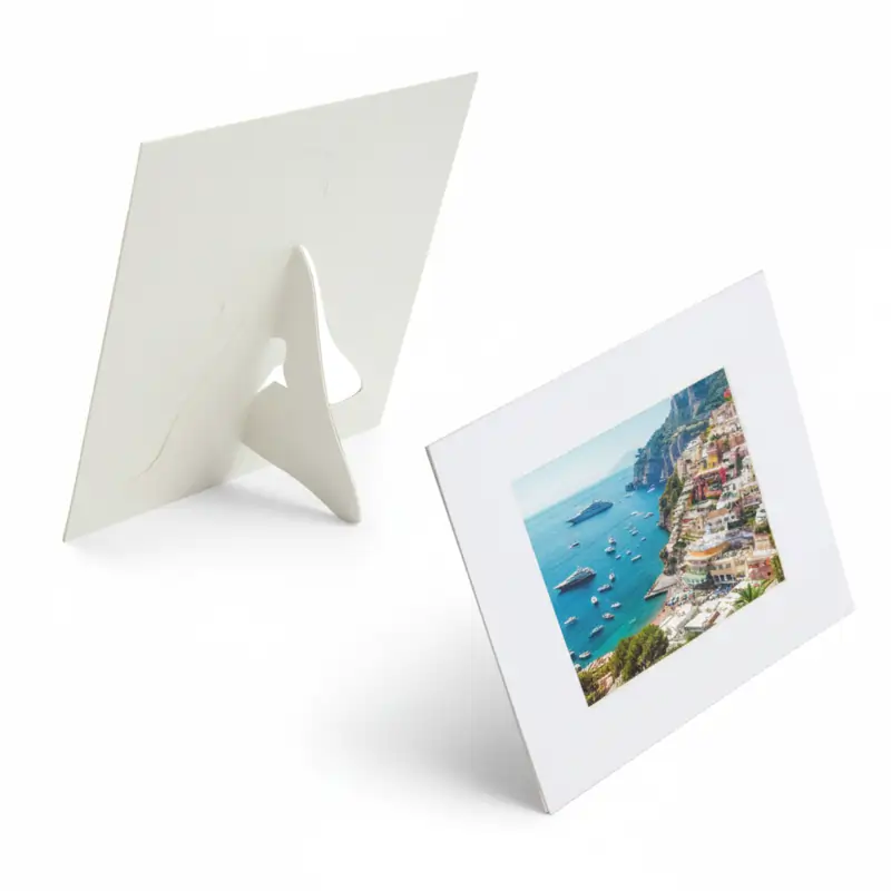 Two white tabletop Luxury Photo Frames mounts shown from the front and back. The front displays a coastal town photo; the back shows the fold-out stand.