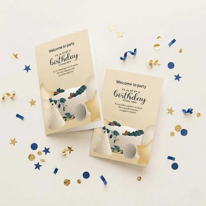 Two cream birthday cards with gold stars and blue confetti, featuring party hats and a botanical design.