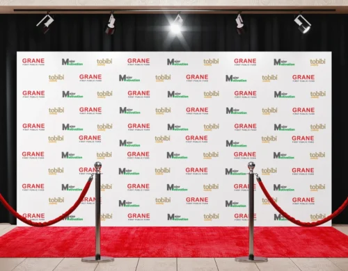 Custom printed backdrop banner with branded logos displayed on a red carpet setup, featuring stanchions and velvet ropes.