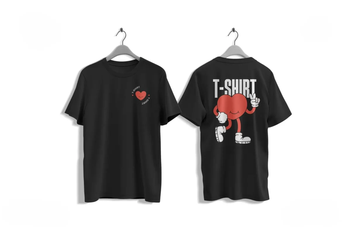 Black t-shirt with a playful heart design on the front and back.