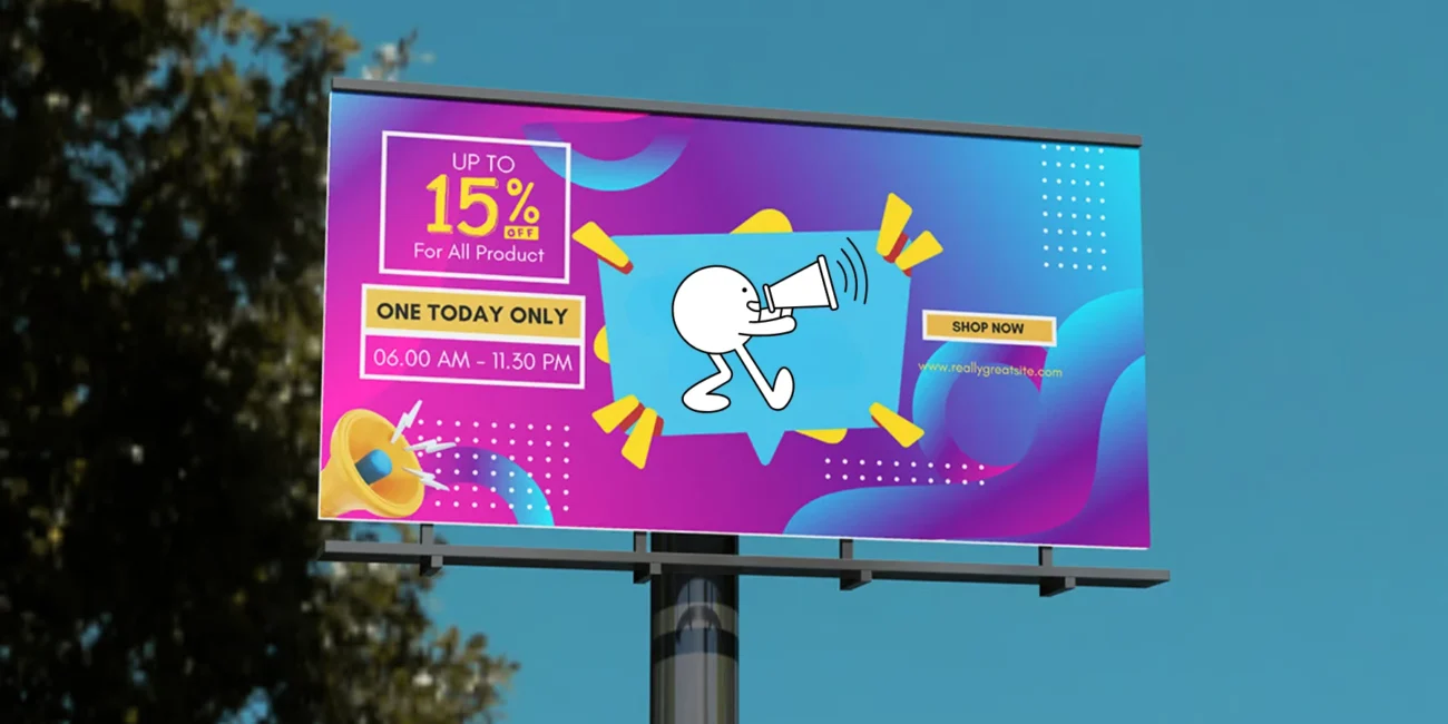 Billboard advertising 15% off on all products with vibrant design, sale duration 6:00 AM to 11:30 PM, and shop now button.