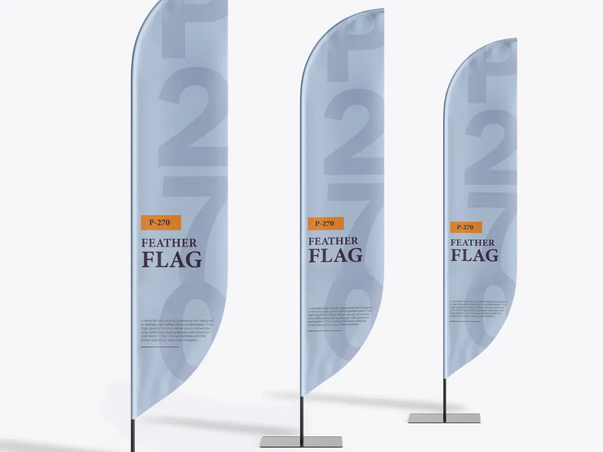 Three blue feather flags with sleek designs, printed for advertising purposes, highlighting professional banner printing services.