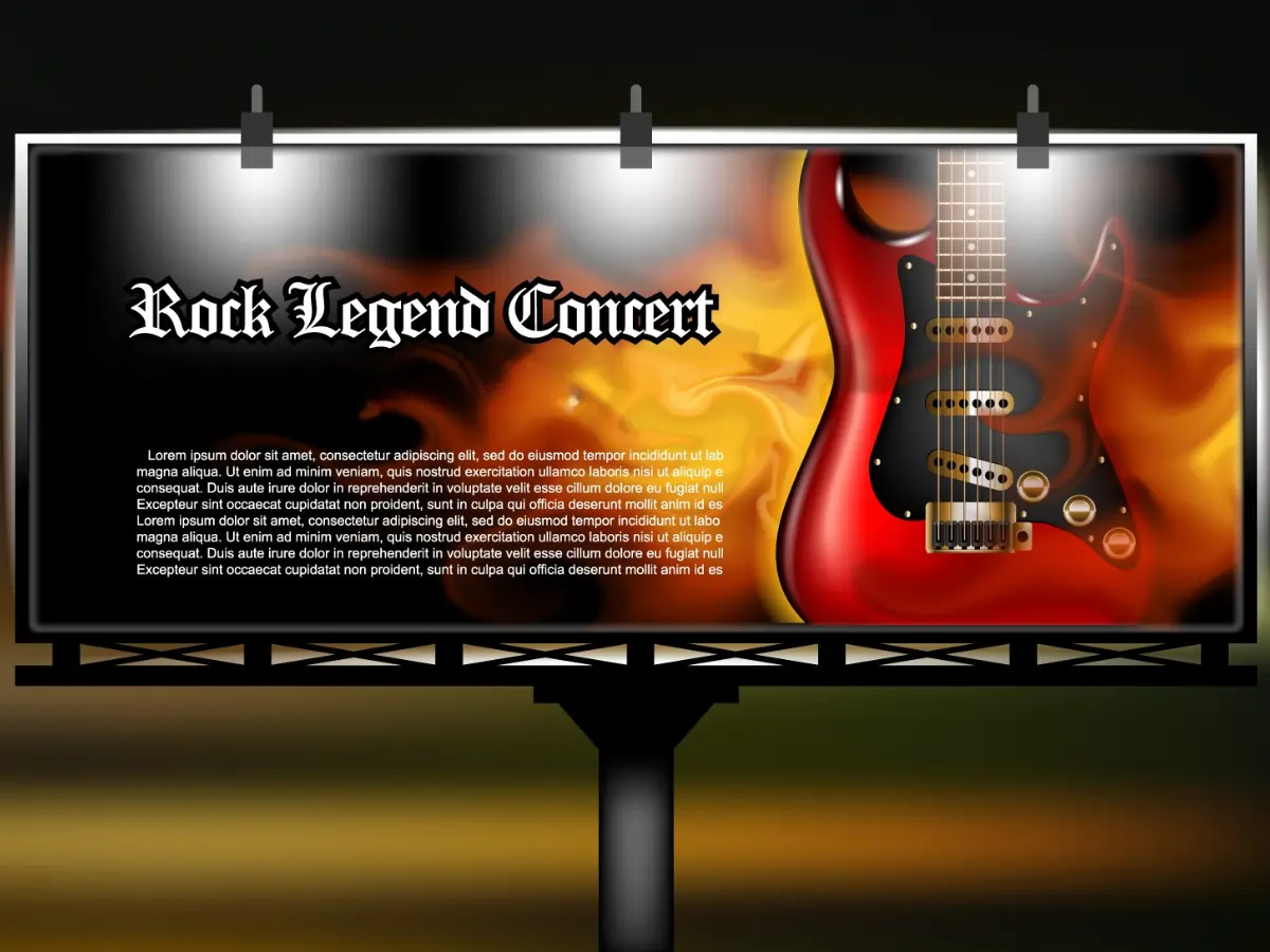 Framed banner promoting the 'Rock Legend Concert,' featuring a fiery background and an electric guitar graphic, ideal for outdoor advertising.