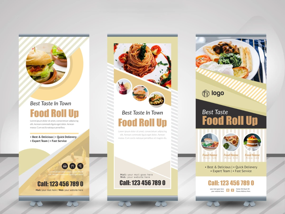 Set of three food-themed pull-up banners featuring appetizing dish images, promotional text, and contact details, ideal for restaurant advertising and events.