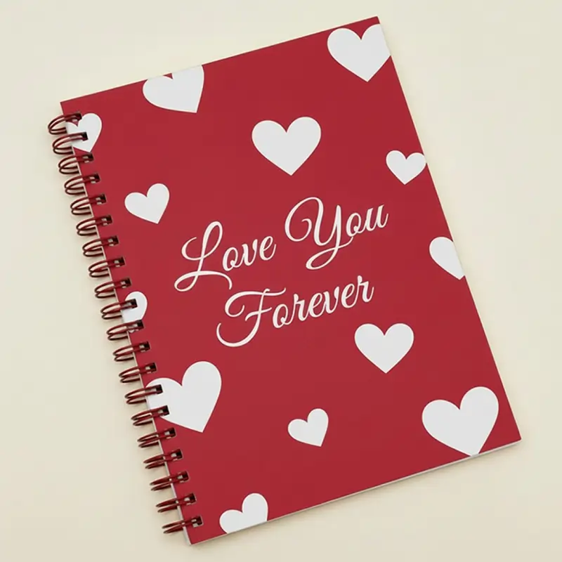 Red spiral notebook with white hearts and "Love You Forever," ideal for romantic valentine's day gift ideas and notes.