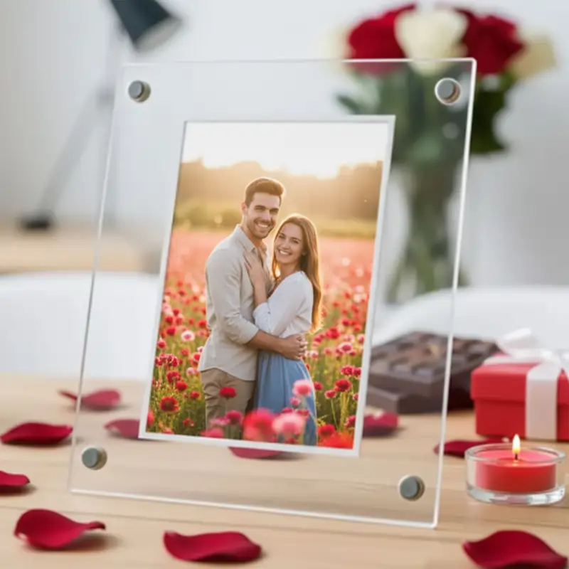 Acrylic photo frame holding a couple's picture, one of the most popular valentine's day gift ideas for personalization.