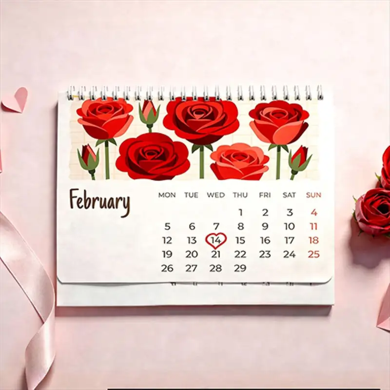 Floral February calendar with the 14th circled in a heart, great for marking valentine's day gift ideas and dates.