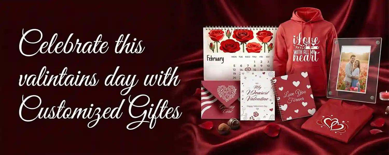 Banner featuring various personalized valentine's day gift ideas like hoodies and photo frames on a dark red background.