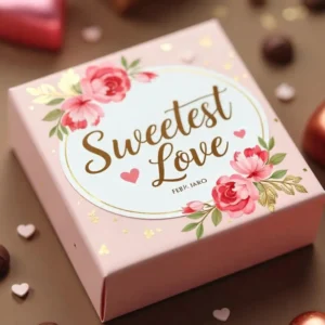 A custom sticker on a pink gift box with "Sweetest Love" in gold lettering, decorated with floral designs.