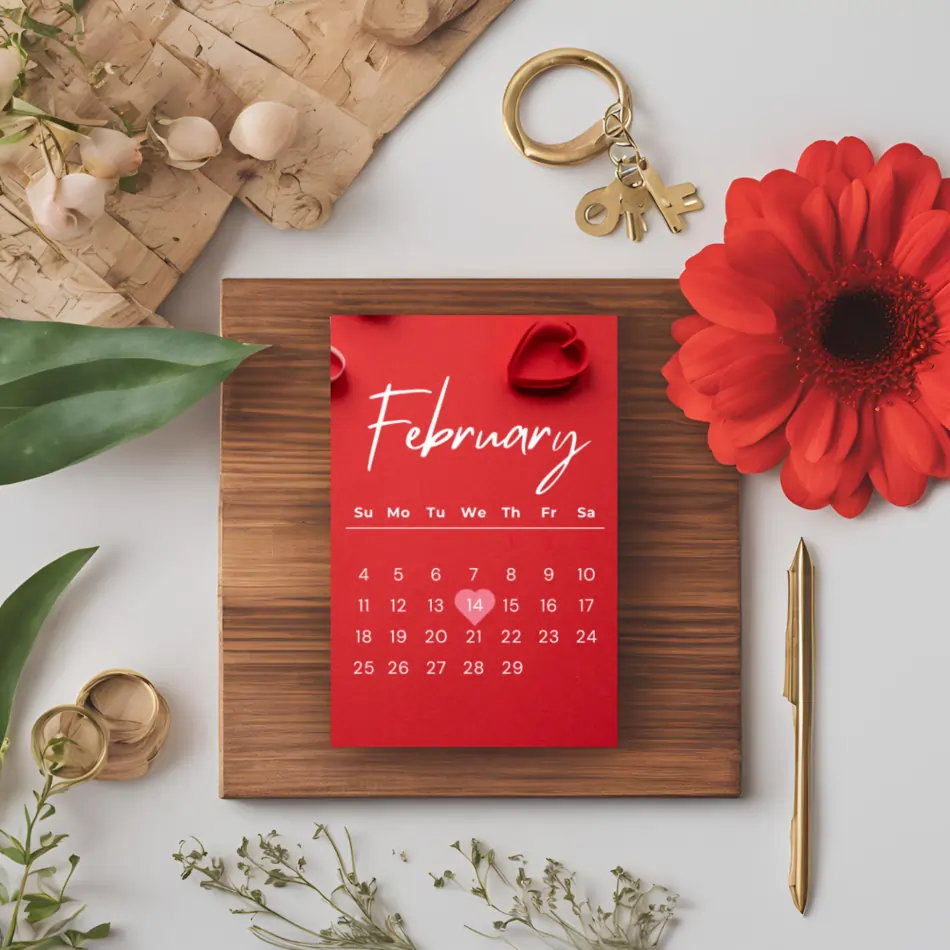 A stylish pocket calendar for February with a red theme, featuring a marked Valentine's Day. Surrounded by elegant decor, perfect for personalized calendar printing.