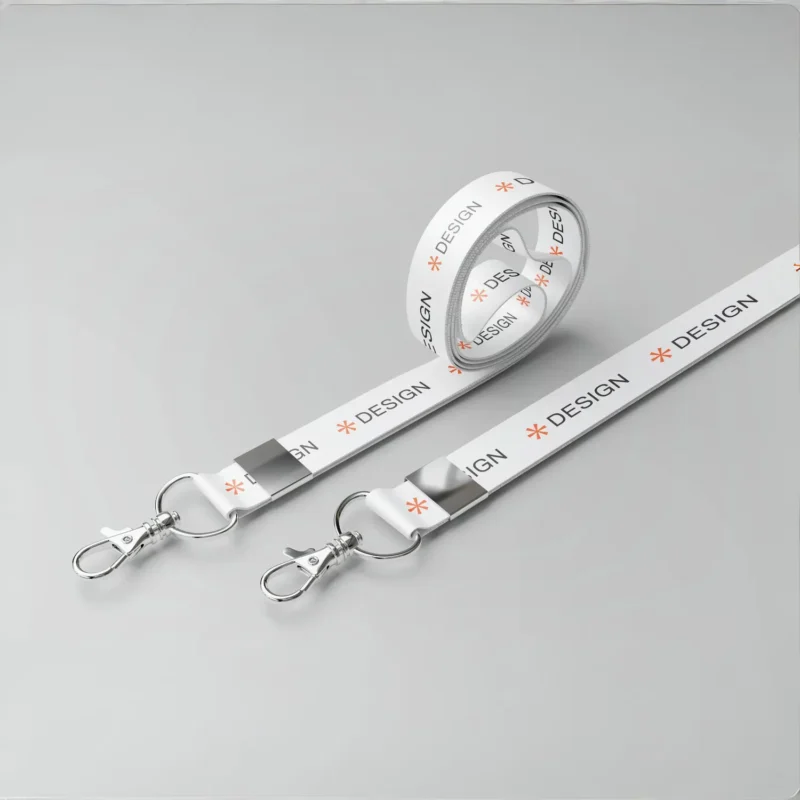 Custom white lanyard with side lever hook, metal clasp, printed ‘DESIGN’ text with orange icon—perfect for office or events.