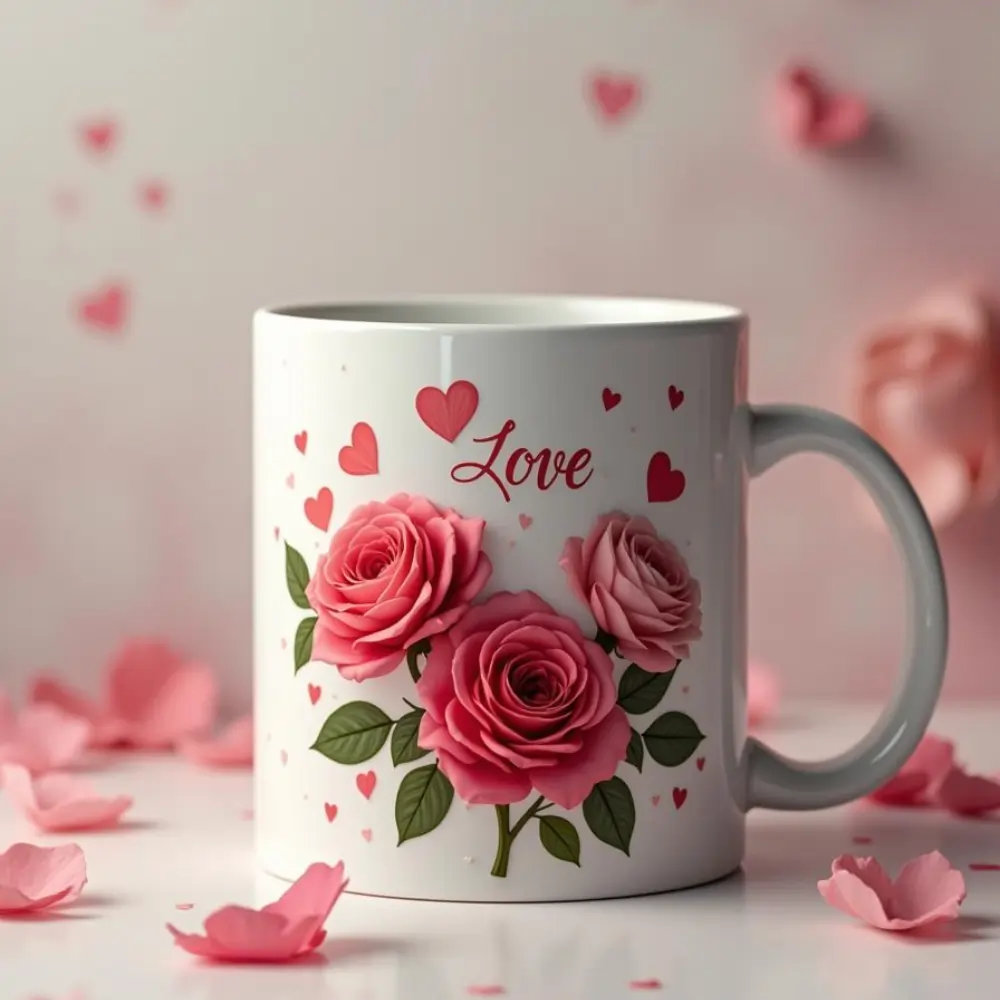 Customizable mug with rose and heart design featuring the word 'Love,' perfect for personalized gifts.