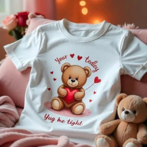 A white T-shirt with a printed teddy bear holding a heart, surrounded by cute text and designs.