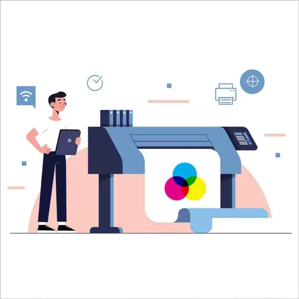 Gemini said An illustration of a technician using a tablet to operate a large format printer, highlighting modern digital vs offset printing technology.