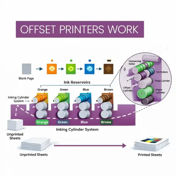 Gemini said Diagram explaining how offset printers work, showing paper moving through ink reservoirs and cylinders. Learn more about digital vs offset printing.