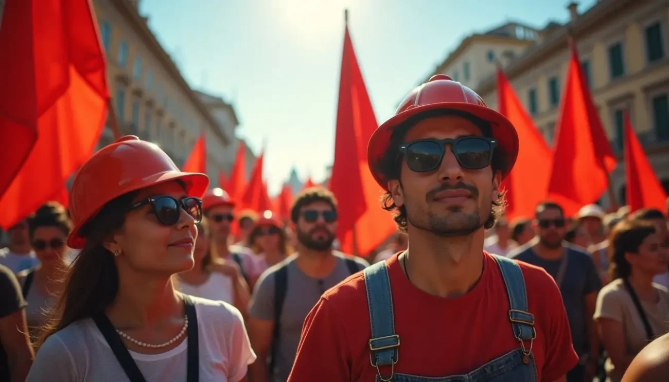 Workers celebrating workers day with red flags.