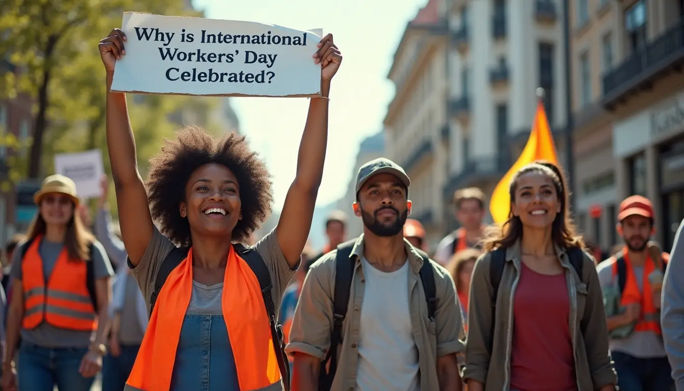 People marching with a sign asking about International Workers' Day.