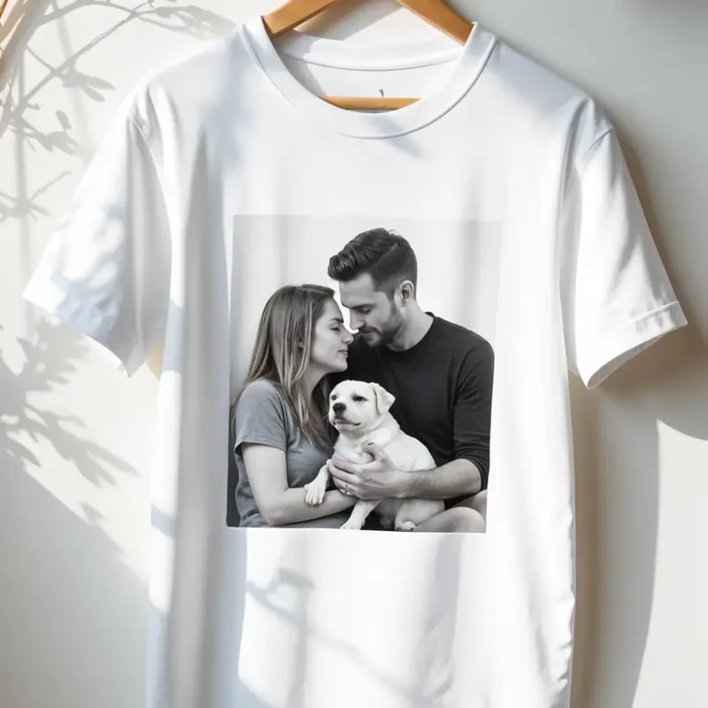 A white T-shirt featuring a centered, black and white photo of a couple lovingly holding a white puppy. Best T-Shirt Design Ideas