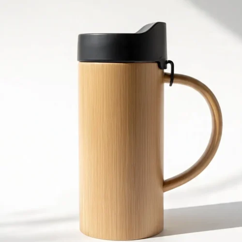 Bamboo travel mug with a black lid and curved handle placed on a light background