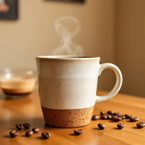 Customized Eco-Friendly Drinkware ceramic mug with a cork base, filled with hot coffee and surrounded by coffee beans