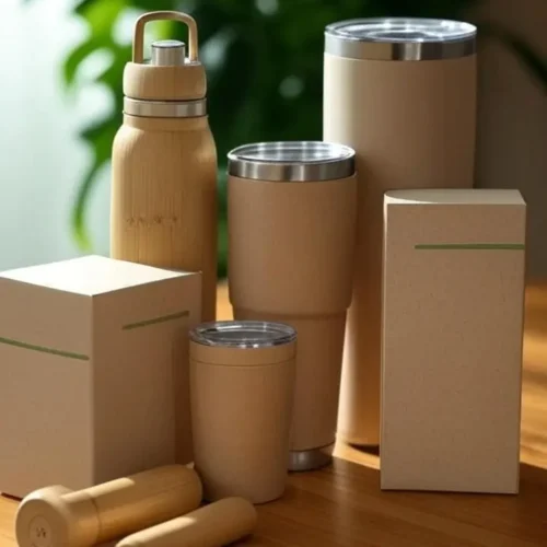 Set of reusable bottles, tumblers, and cups with eco-friendly packaging displayed on a wooden table