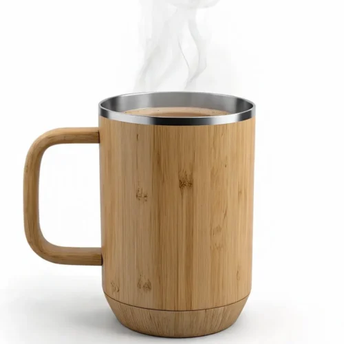 "Customized Eco-Friendly Drinkware bamboo mug with a stainless steel rim, filled with hot coffee