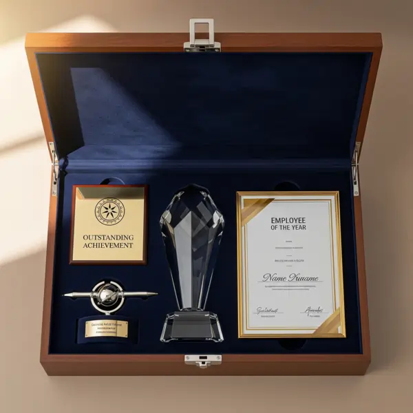 Premium awards and recognition gift set with trophy, plaque, and certificate, showcasing the Best Corporate Gifting Ideas for employee appreciation.