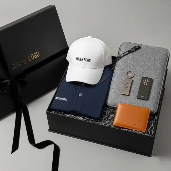 Elegant gift box with branded apparel, cap, wallet, and accessories, representing the Best Corporate Gifting Ideas for employees and clients.