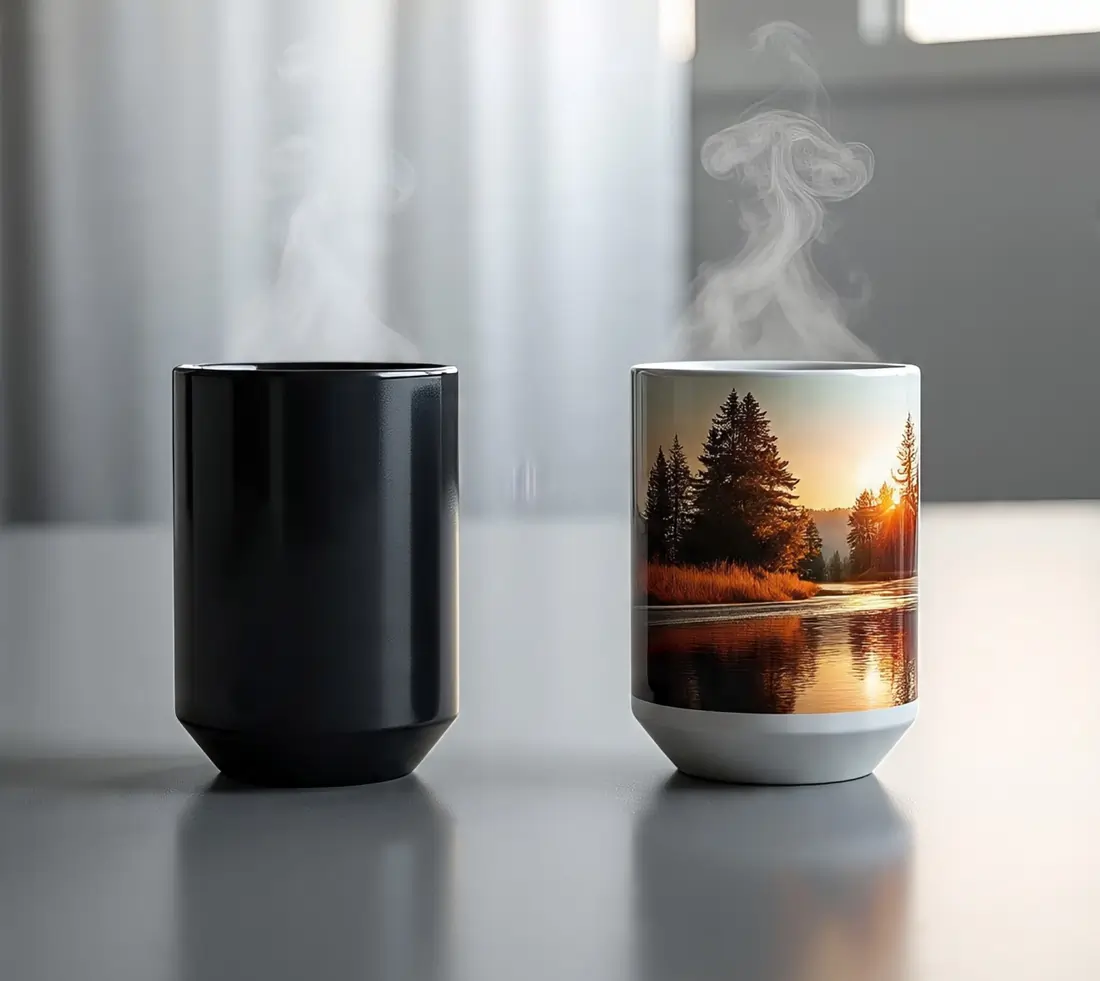 Color-changing personalized mugs as gifts showing black mug turning into a scenic photo print with hot coffee