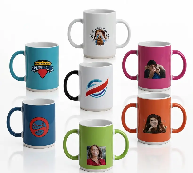 Collection of colorful custom printed mugs featuring logos, photos, and creative designs on different backgrounds