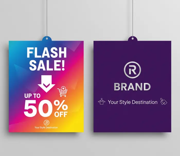 Square dangler with a vibrant gradient for "FLASH SALE! UP TO 50% OFF" and brand details.