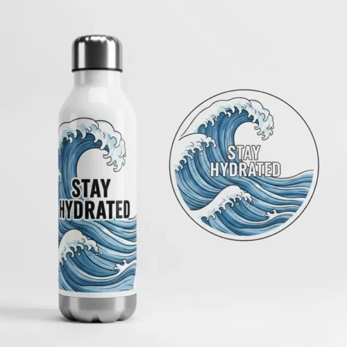 Stainless steel water bottle with custom printed design and separate digital print file displayed in a circle, Print-On-Demand Products.