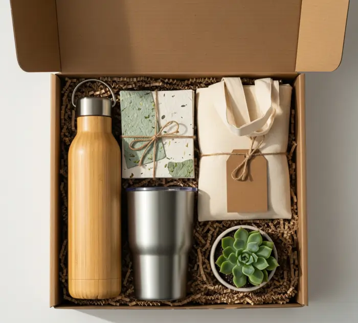 Best Corporate Gifting Ideas – eco-friendly corporate gift set with bamboo bottle, stainless steel tumbler, tote bag, seed paper notebook, and mini plant for sustainable employee and client gifts.