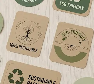 Brown kraft paper labels with eco-friendly designs featuring recyclable and sustainable packaging messages. Custom Packaging Stickers