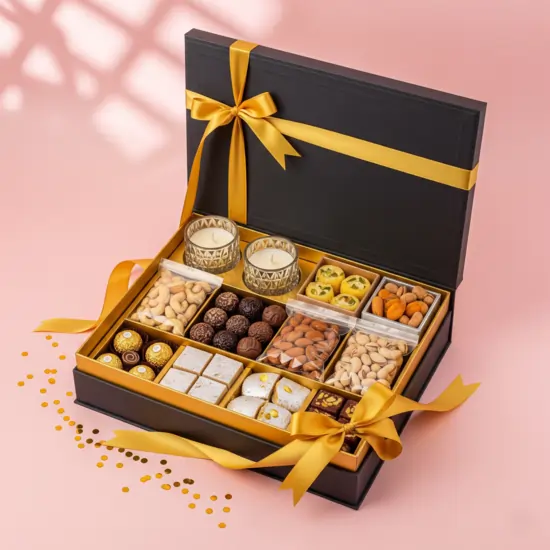 Luxury festive hamper gift box with dry fruits, chocolates, sweets, and candles, perfect for Best Corporate Gifting Ideas during celebrations.