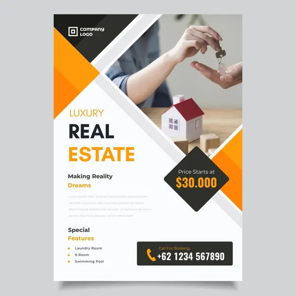Luxury real estate flyer: miniature house with keys, showcasing property features, price, and clear booking contact—perfect Real Estate Signs & Marketing Materials