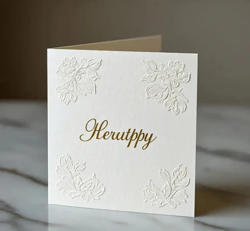 Elegant embossed greeting card printing material for your business with gold lettering