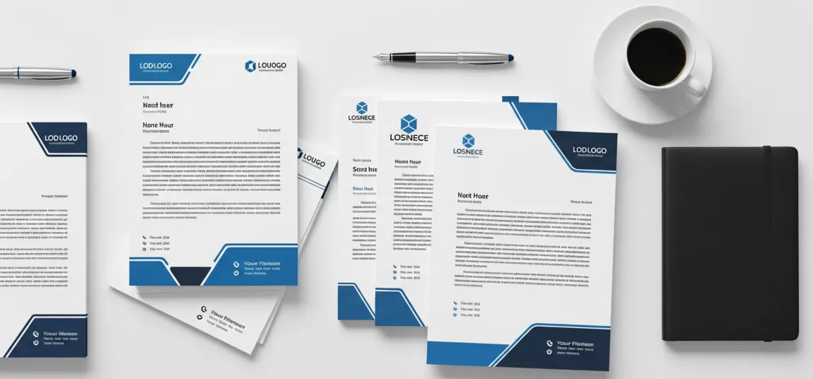 Creative banner image of different business letterheads in blue and grey designs, arranged with a pen and notebook on a clean desk background, Custom Letterheads Are Essential