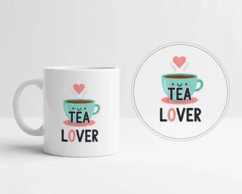 White ceramic mug with custom design and separate digital print file displayed in a circle, Print-On-Demand Products.