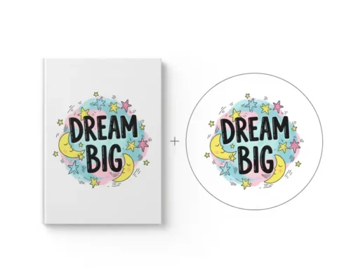 Hardcover notebook with custom cover design and separate digital print file displayed in a circle, Print-On-Demand Products.