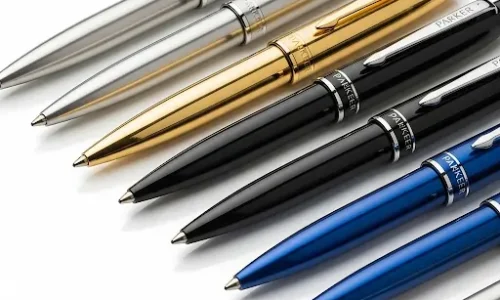 Collection of premium stainless steel, gold, black, and blue pens with sleek finish.