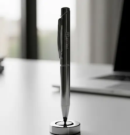 Elegant metallic pen standing on a magnetic base on an office desk