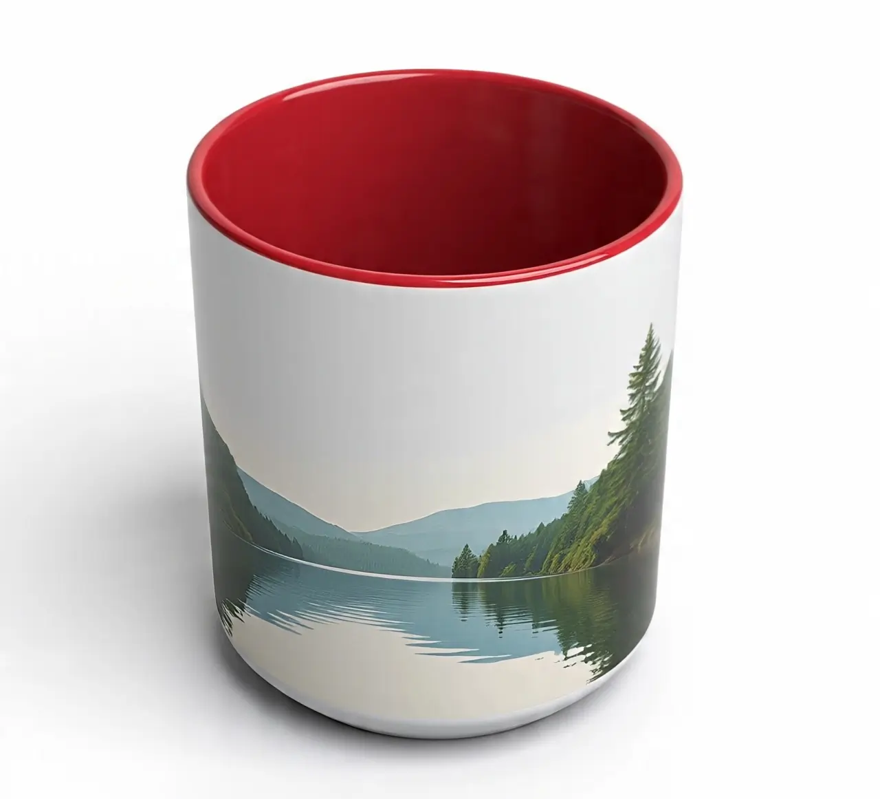 A personalized inner colour mug with a red interior and a scenic printed design, perfect as personalized mugs as gifts for special occasions or corporate branding.