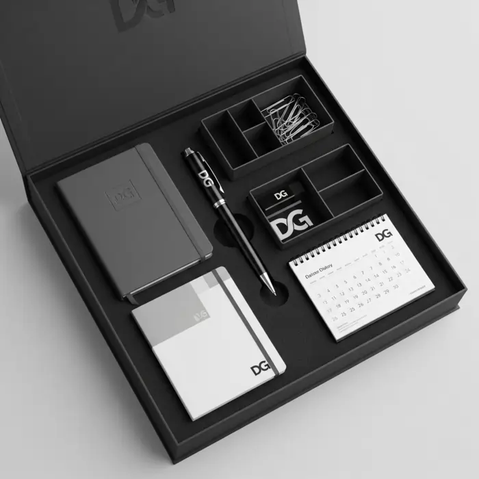 Elegant corporate gift set with personalized notebook, pen, calendar, and office essentials, representing the Best Corporate Gifting Ideas for professionals.