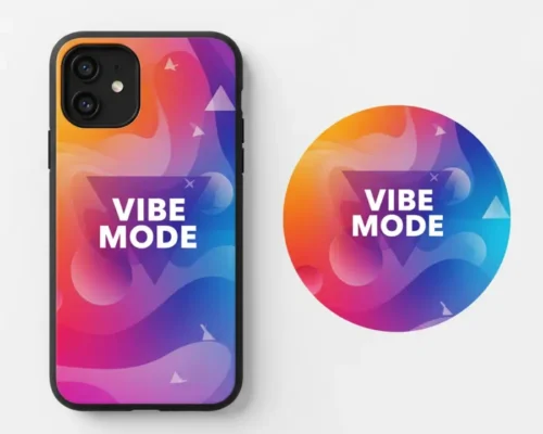Phone case with custom printed design and separate digital print file shown in a circle, Print-On-Demand Products.