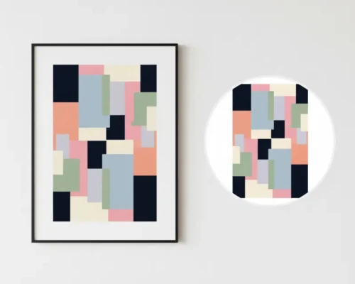 Framed poster mockup with custom wall art design and separate digital print file shown in a circle, Print-On-Demand Products.