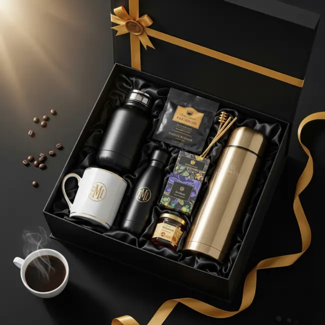 Luxury gift box with premium drinkware, coffee, and gourmet treats, showcasing the Best Corporate Gifting Ideas for clients and employees.
